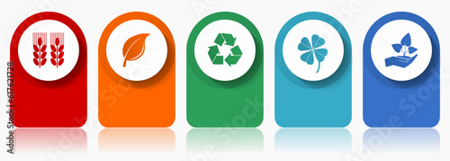 Agriculture icon set, miscellaneous vector icons such as wheat, leaf, recycling, clover and seedling, modern design infographic template, web buttons in 5 color options