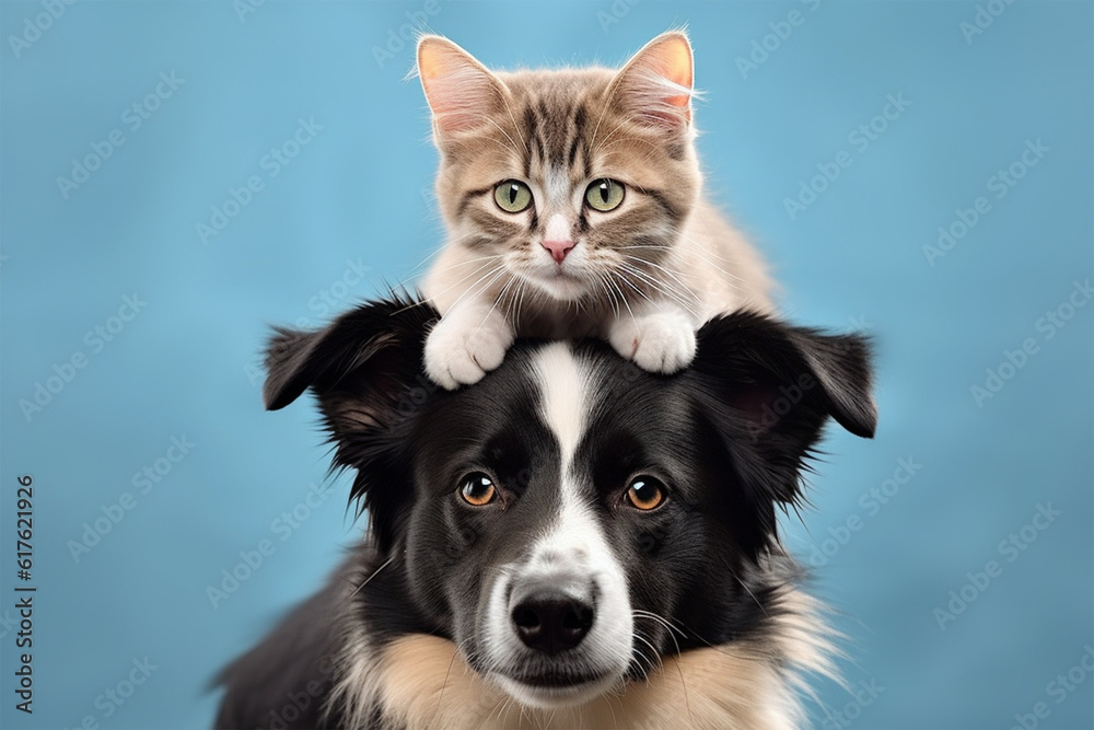a cute kitten on a dog's head