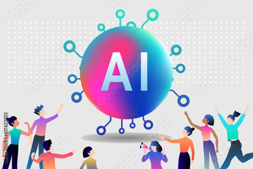AI technology innovative applications vector infographic. Artificial intelligence, machine learning, data science and cognitive computing concept.