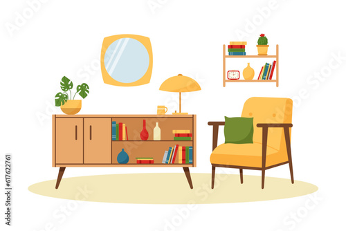 Vintage living room interior with armchair, wardrobe, mirror and shelf. Retro furniture set in 60s style. Flat vector illustration.
