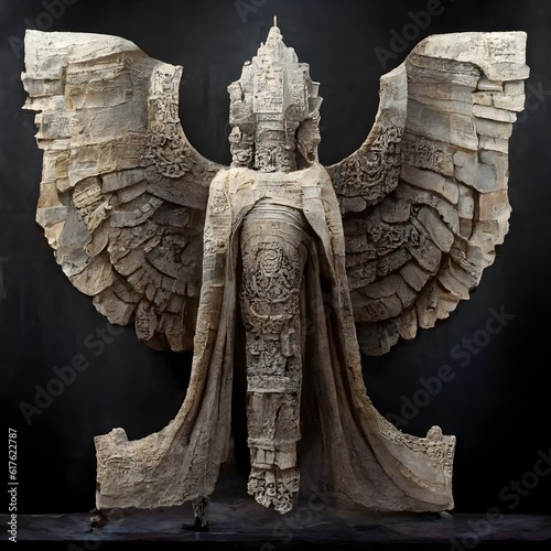 mechanical wings roman cloak angelsuit Khmer civilization timeline as rock relief sculpture sandstone carving ankor wat vray realistic and symbolic 