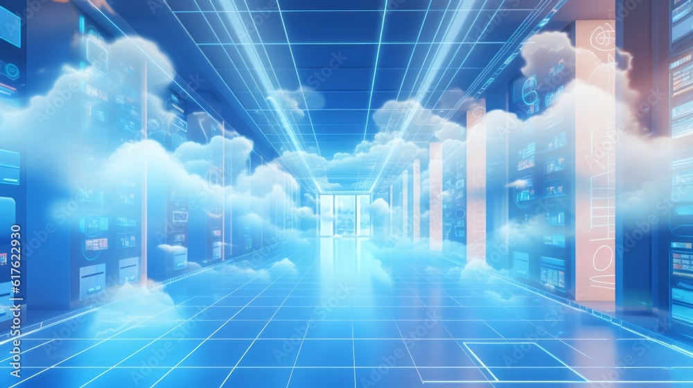 Fototapeta premium cloud computing concept art abstract, cloud server. data center organize, technology blue light room Generative AI