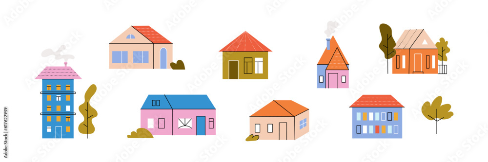 Set of different tiny houses with trees. Cute small buildings in flat minimal style. Modern home facade with doors and windows. Colorful cartoon vector illustration Set of different tiny houses with trees. Cute small buildings in flat minimal style. Modern home facade with doors and windows. Colorful cartoon vector illustration