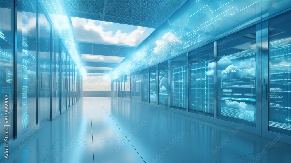 cloud computing concept art abstract, cloud server. data center organize, technology blue light room Generative AI cloud computing concept art abstract, cloud server. data center organize, technology blue light room Generative AI