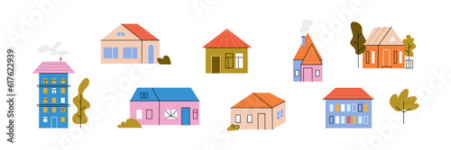 Set of different tiny houses with trees. Cute small buildings in flat minimal style. Modern home facade with doors and windows. Colorful cartoon vector illustration