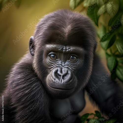 Hyper realistic photography young happy gorilla looking towards the camera beautiful natural lighting hyper realistic 8k uhd volumetric lighting v4  © Darrell