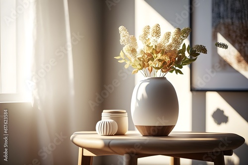 Upper room vase livingroom spring Captured from centerd perspektiv on bright wood table background vase placed on the bottom of the image Layout with free space in light tone 8k trendy modern  photo