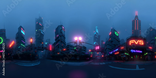 Full 360 degrees seamless spherical panorama HDRI equirectangular projection of Cyberpunk Night City Tron Future. Texture environment map for lighting and reflection source rendering 3d scenes.