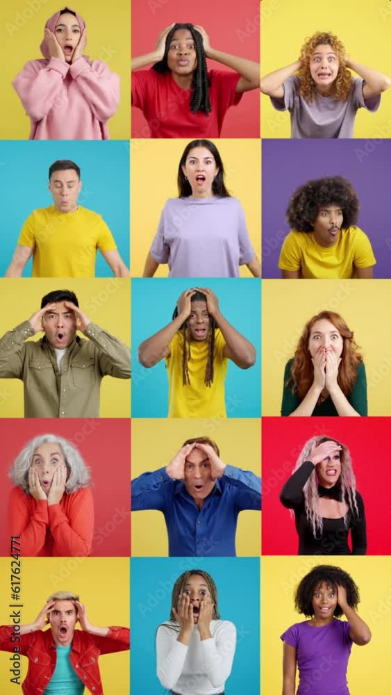Mosaic of multi-ethnic people with surprised expression
