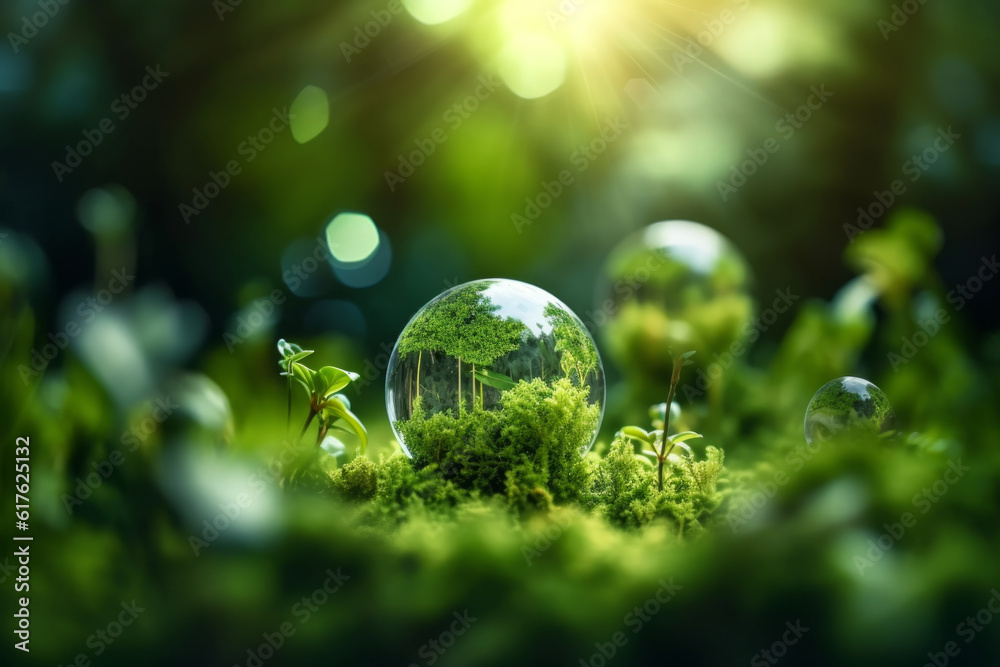 scene of moss and trees with sunlight through ball of water drop, surrounded by moss and sunlight scene of moss and trees with sunlight through ball of water drop, surrounded by moss and sunlight