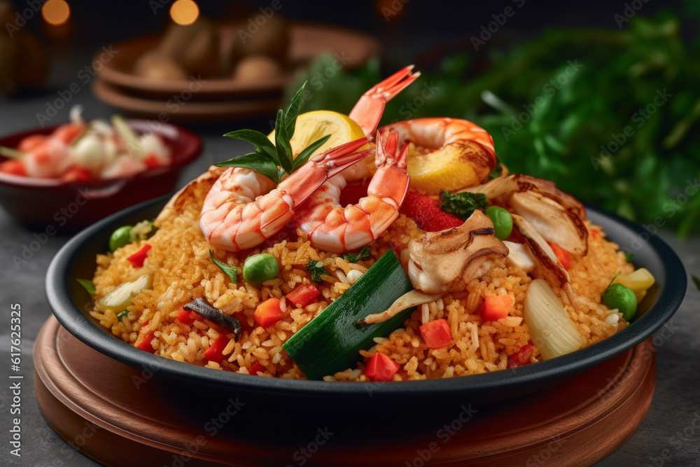 delicious dish of shrimp and rice serves of in pan on wooden table, large pot delicious dish of shrimp and rice serves of in pan on wooden table, large pot