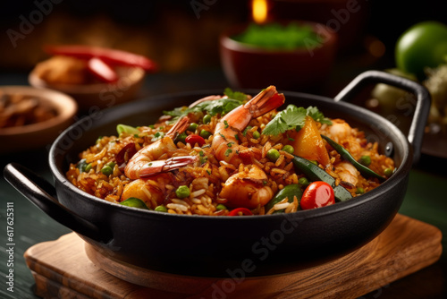 delicious dish of shrimp and rice serves of in pan on wooden table, large pot