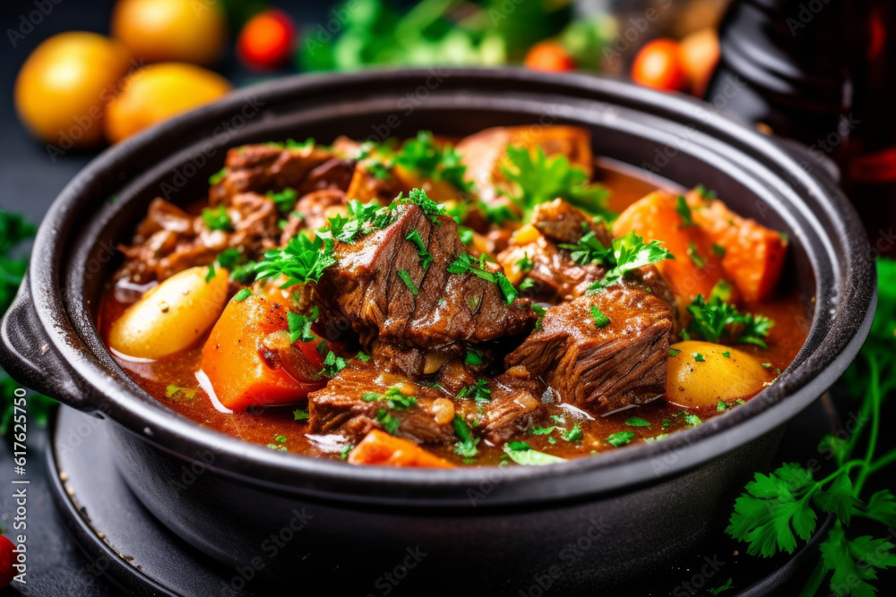 beef stew on black table in bowl, with potatoes and carrots in pot, vegetables