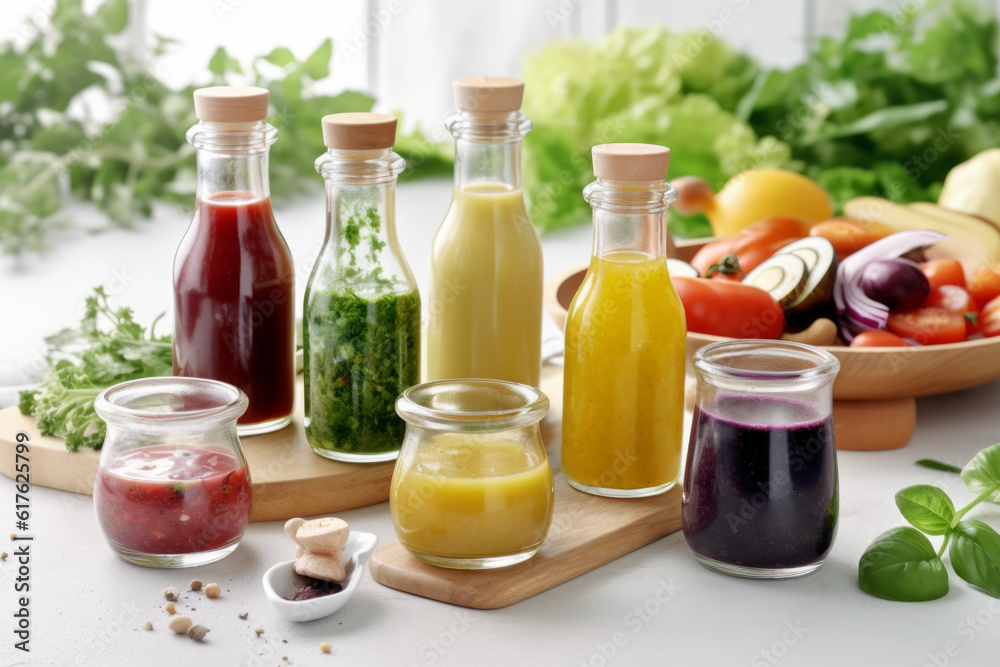 several bottles of healthy natural salad dressings on tray on table several bottles of healthy natural salad dressings on tray on table