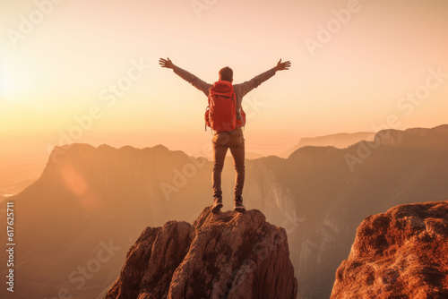 young man standing on top of mountain with lifting hands raised in air and celebrating success © vefimov