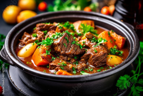 beef stew on black table in bowl, with potatoes and carrots in pot, vegetables