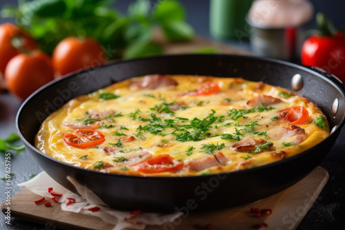 breakfast omelette in skillet full of vegetables  ham and chorizo cheese quiche in pan on wooden table