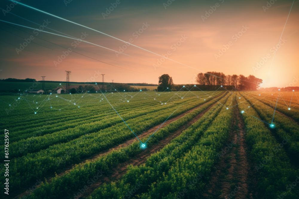 field filled with sensors, artificial intelligent farming with networks and radars. drones and agriculture: digital revolution of middle east