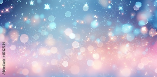 light blue bokeh background with lights and stars in the form of a shaped canvas light white and light beige Pale pink and light indigo add light, Christmas.