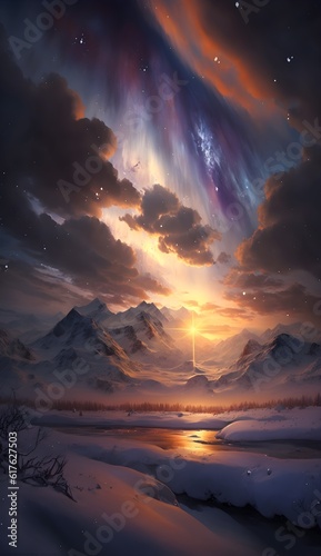 sunrise Vast landscape Awardwinning concept art a highly detailed wasatch mountain landscape with snow capped peaks supercell clouds storms stars sunrays godrays cinematic lighting northern lights 