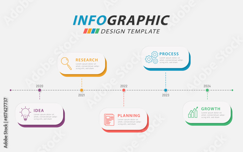 Timeline Creator infographic template. 5 Step timeline journey, calendar Flat simple infographics design template. presentation graph. Business concept with 5 options, gantt vector illustration.