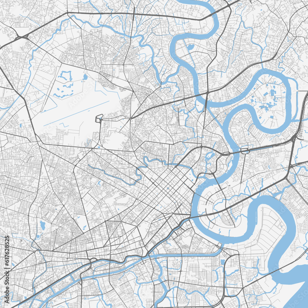 Ho Chi Minh map. Detailed map of Ho Chi Minh city administrative area. Cityscape panorama illustration. Road map with highways, streets, rivers.