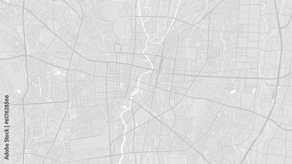 Background Utsunomiya map, Japan, white and light grey city poster. Vector map with roads and water. Widescreen proportion, flat design roadmap.