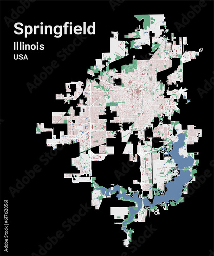 Springfield map  capital city of the USA state of Illinois. Municipal administrative area map with buildings  rivers and roads  parks and railways.