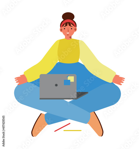 A woman sits cross-legged with a laptop, smiling face. Female is wearing pants and long-sleeve jacket. Distorted proportions style.