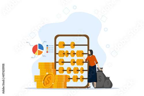 Calculation of income or taxes. accounting operations. Annual income report. investment finance specialist. woman with stacks of money and an abacus for calculation. flat vector illustration.