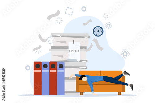 Overload, procrastinate, do it later, lazy to postpone all work. Overcoming Laziness and Procrastination. the man who fell asleep on the sofa because of postponing the work that was piling up.