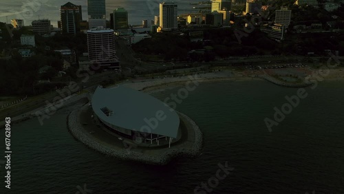 General aerial view of APEC house during dusk.