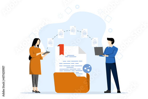 Concept of file sharing, data transfer, documentation transfer, cloud services, file management, electronic document management. People send files for business. Vector illustration in flat design. photo
