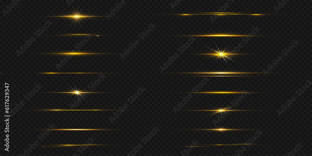 Gold line light glow with sparkle and flare shine. Horizontal golden neon streak effect isolated on transparent background. Magic flash laser strip divider with glitter shimmer design illustration