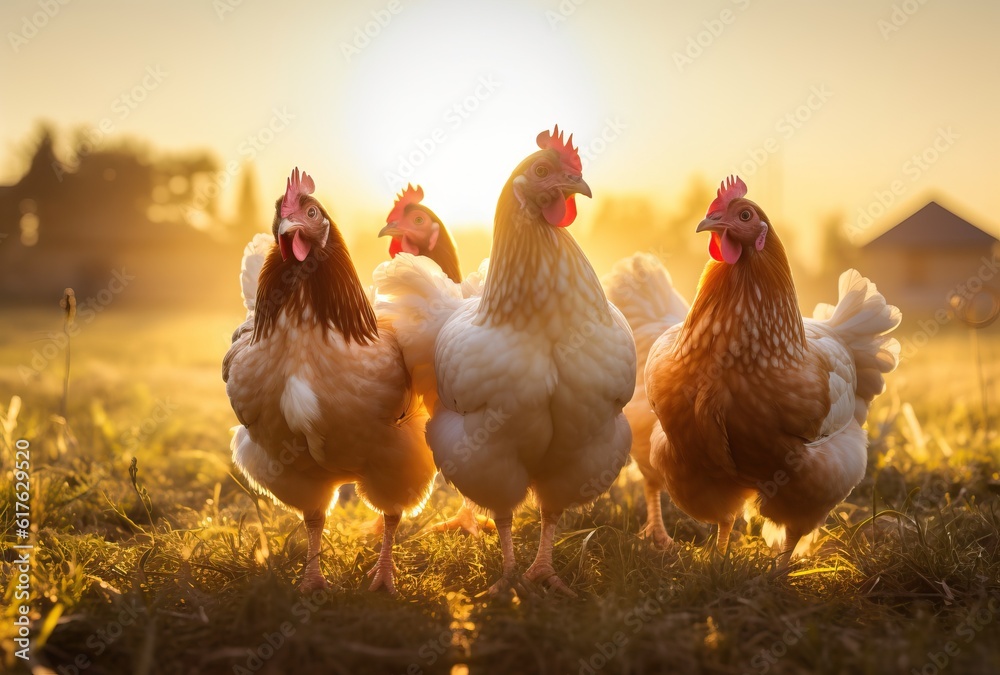 Fototapeta premium Pastured free-range chickens, organic poultry and natural farming.