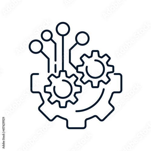 Automatic complex systems of control and management of technological processes. Vector linear icon on a white background.