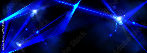 Realistic blue laser light beams shining on dark background. Vector illustration of neon spotlight rays glowing in air with smoke effect, night club party, concert stage illumination, space battle