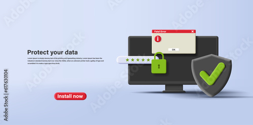 3D Vector Conceptual Illustration data protection with pc computer and password with lock and shield, digital security