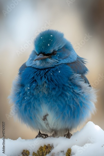 grumpy floofy mountain bluebird sitting on the snow  photo
