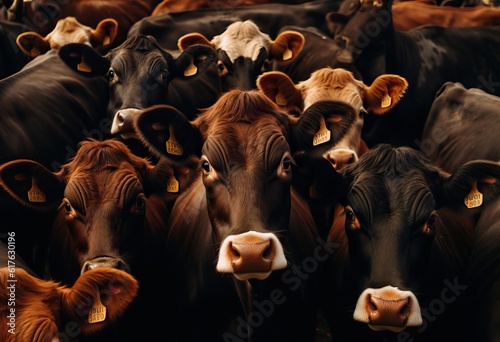 Pastured cows, cattle in an open field, natural farming. 