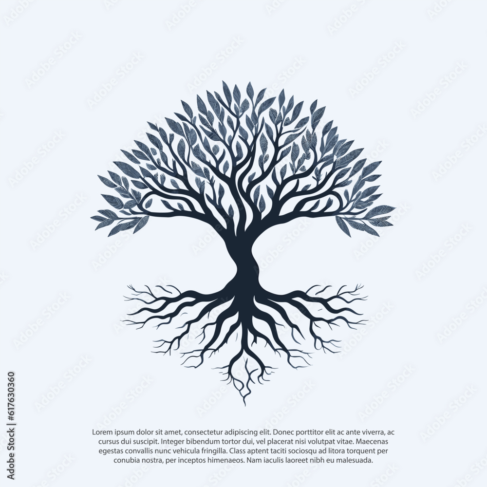 Obraz premium vector black tree of live icon on white background, tree with root, Creative vector graphic Silhouette of leaf trunks branch tree with root vector for logo or design leaf, fooliage, oak