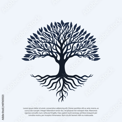 vector black tree of live icon on white background, tree with root, Creative vector graphic Silhouette of leaf trunks branch tree with root vector for logo or design leaf, fooliage, oak