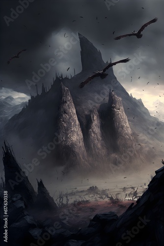 fantasy like landscape of an aftermath of a battle mountains cliffs overgrown smoke in air crows flying spears sticking out of ground stormy bright skies 8k ultra detail photorealistic 