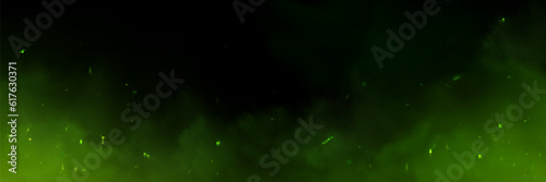 Realistic green smoke with fireflies glowing on black background. Vector illustration of abstract mist with emerald particles sparkling, toxic substance spreading in air, witchcraft spell effect