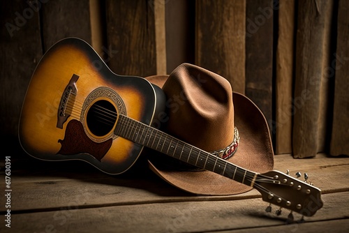  Cowboy Hat and Guitar in a Rustic Vintage Wood Barn