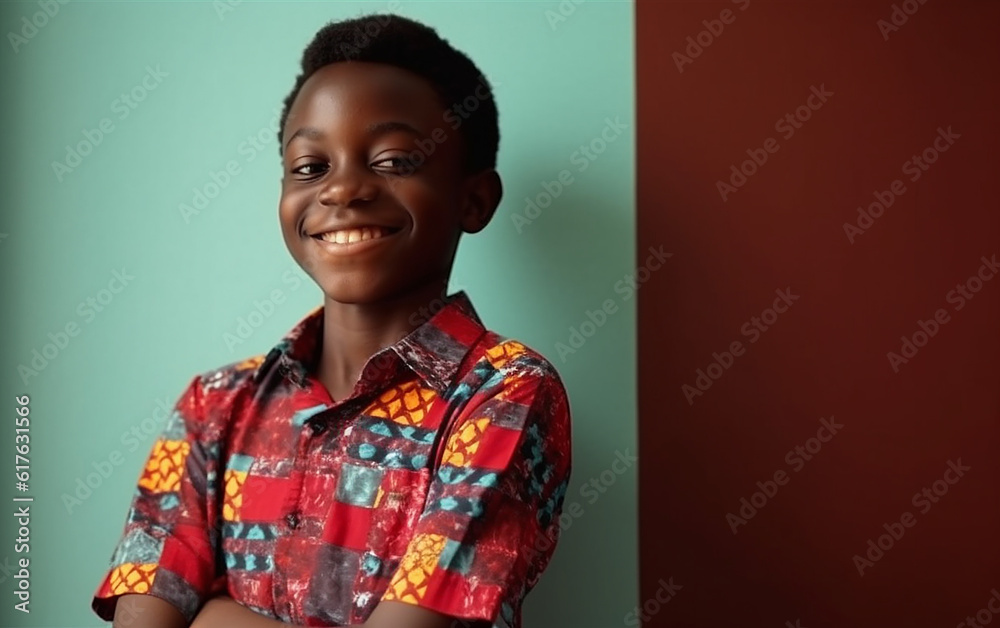 Black dark-skinned african american teenage boy in colorful bright clothes smiling portrait. Generative AI Black dark-skinned african american teenage boy in colorful bright clothes smiling portrait. Generative AI