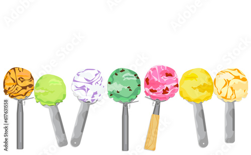 Vector set of ice cream scoops in various colors In a waffle cone with coffee blueberry lemon Chocolate Mint, Strawberry, Mango, and Thai Tea with Ice Cream Scoop Isolated illustration.