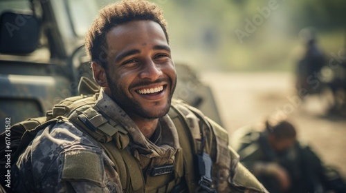 young man soldier laughs