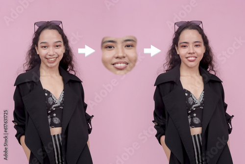 Example of AI Face swap or deepfake technology. Replacing a face in an image with that of another person seamlessly. Visualization of process. photo