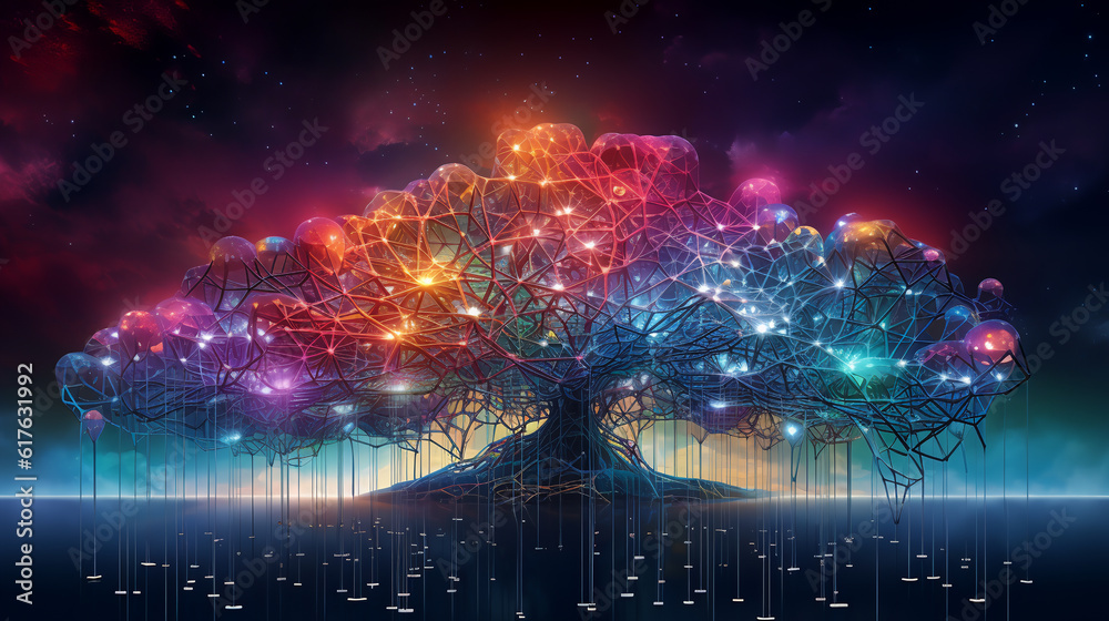 concept illustration of the intelligent AI brain, connected globally like the roots of a tree. Witness the power of communication and information in a futuristic network center